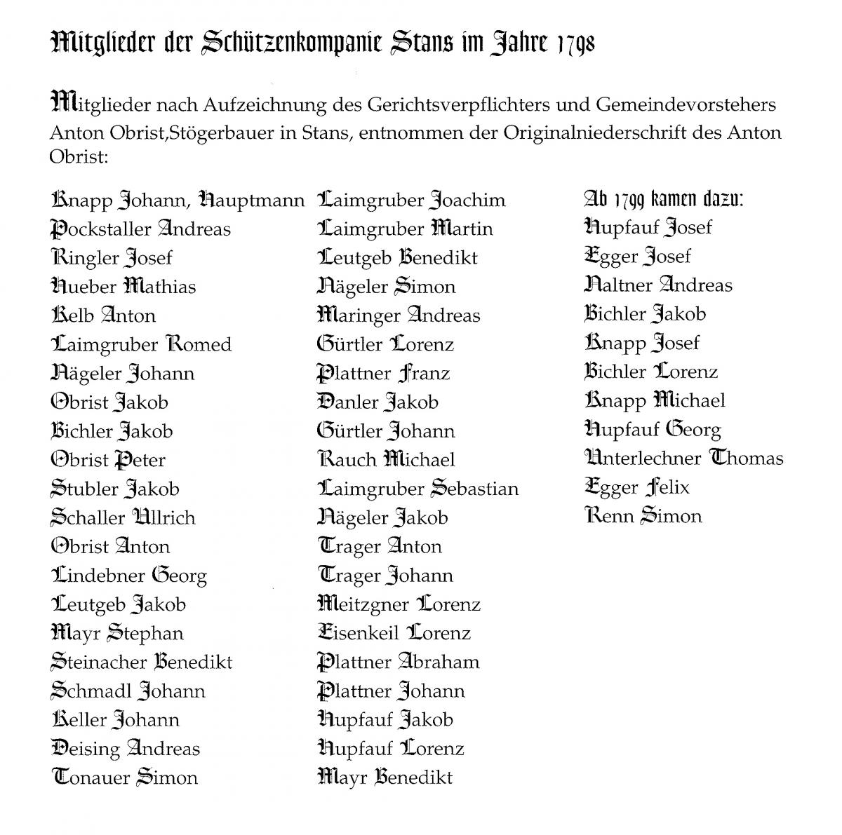 Mitgliederliste der Schützenkompanie Stans aus dem Jahre 1798